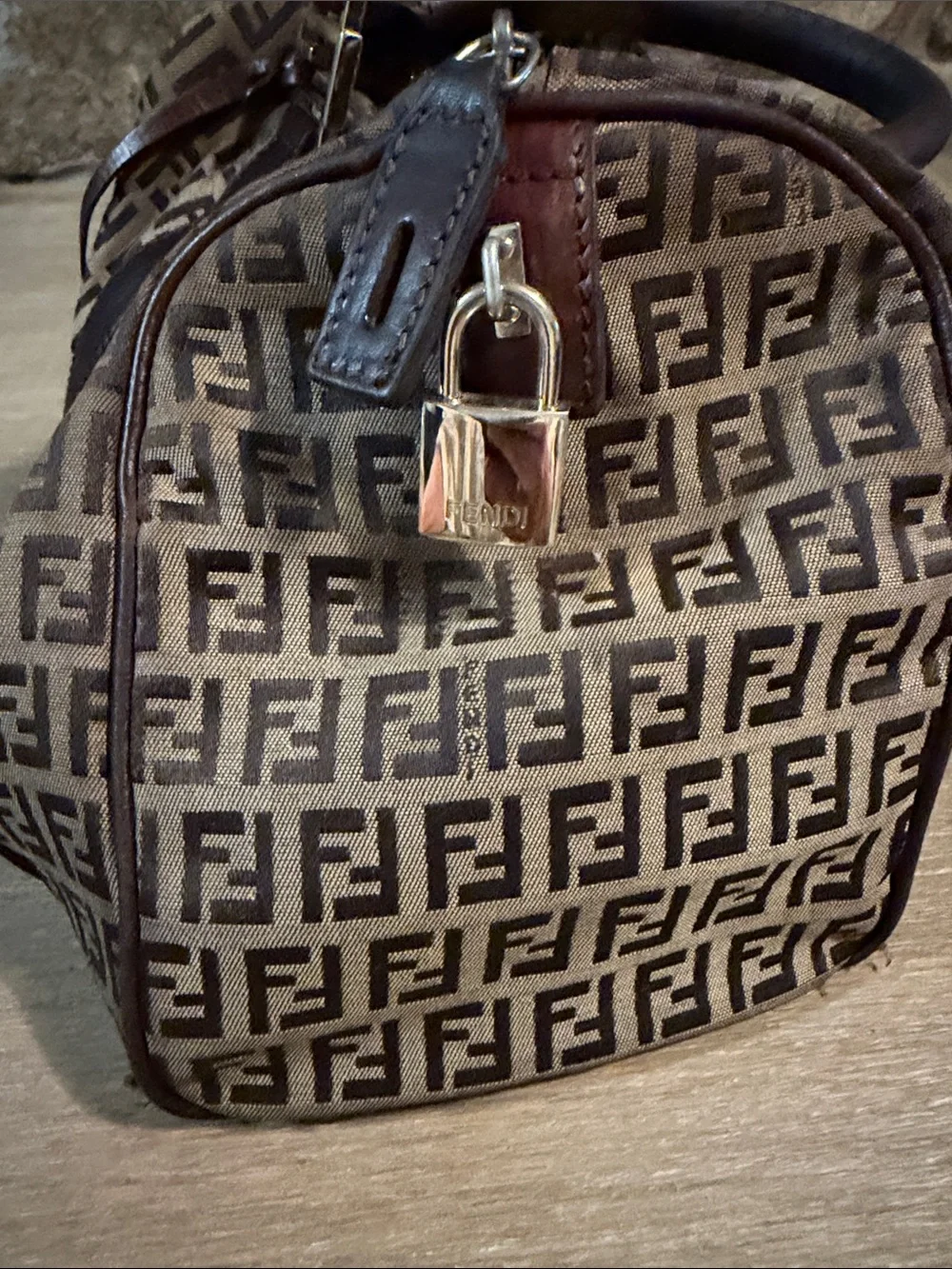 Fendi Brown Zucca Logo Canvas Satchel with Dark Brown Leather Trim